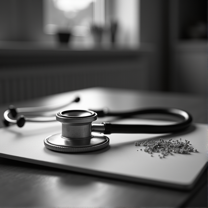 A sleek stethoscope rests elegantly on a table, accompanied by scattered dehydrated flowers, captured in a soft-focus monochrome setting.