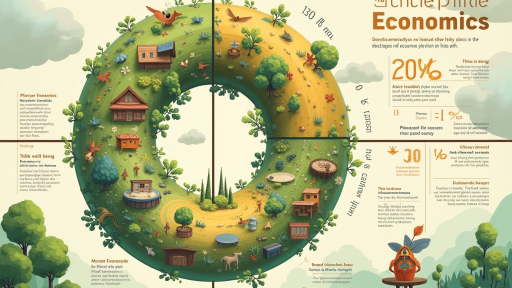 Inspiration from Solarpunk. Infographic about Doughnut Economics. Ghibli-style illustration depicts ecological sustainability balance with social well-being. Outer ring shows planetary boundaries with nature symbols. Inner ring highlights human needs like education and health. Textured, painterly style with warm colors. Futuristic and nature-oriented aesthetic brings hope. Organic shapes and flowing designs create a positive vibe.