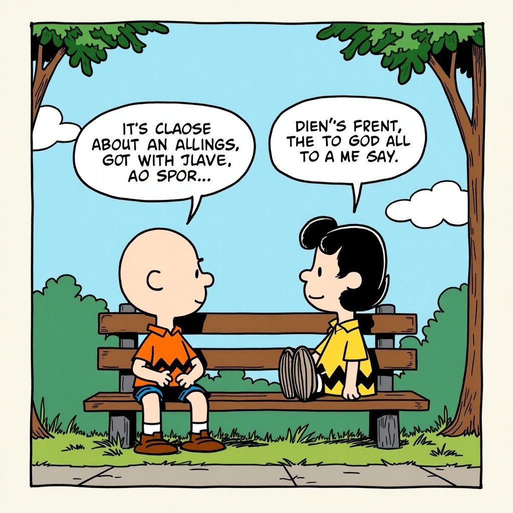 A Peanuts comic shows Charlie Brown talking to Franklin on a bench. Their dialogue reflects a mix of playful banter and friendship. The scene is set in a park with trees and clouds in the background.