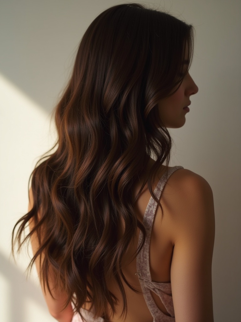 A woman with shiny long hair viewed from the back in a studio setting. The image showcases the hair texture and glossiness against a soft backdrop.