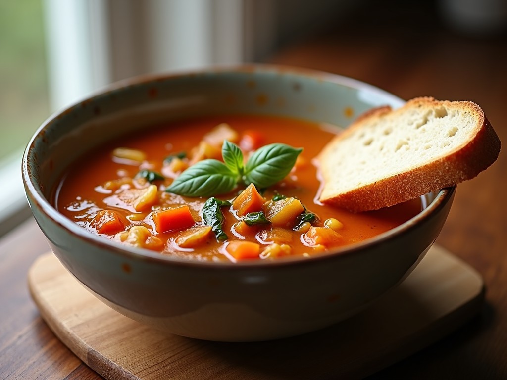 The image depicts a bowl of vibrant vegetable soup resting on a wooden surface. The soup features an array of colorful vegetables, including diced carrots, celery, and greens, all swimming in a rich, orange broth. A single basil leaf garnishes the soup, adding a fresh touch. Accompanying the bowl is a slice of crusty bread, positioned neatly on the rim. The scene is bathed in soft, natural light from a nearby window, enhancing the inviting atmosphere. This setup suggests warmth and comfort, perfect for a cozy meal.