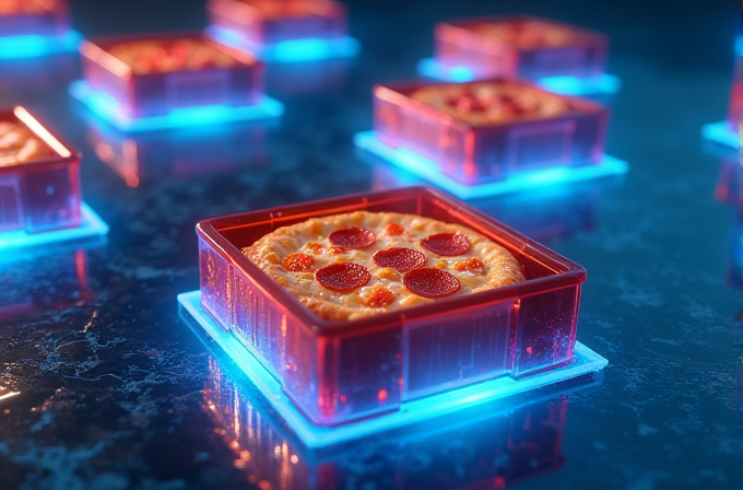 A futuristic image of mini pepperoni pizzas placed inside glowing, translucent square containers on a glossy surface.