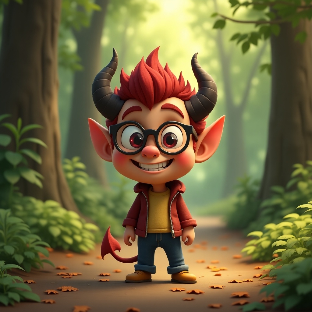 A smiling demon character stands on a leafy forest path. Character wears glasses and has red hair. The path is surrounded by trees.