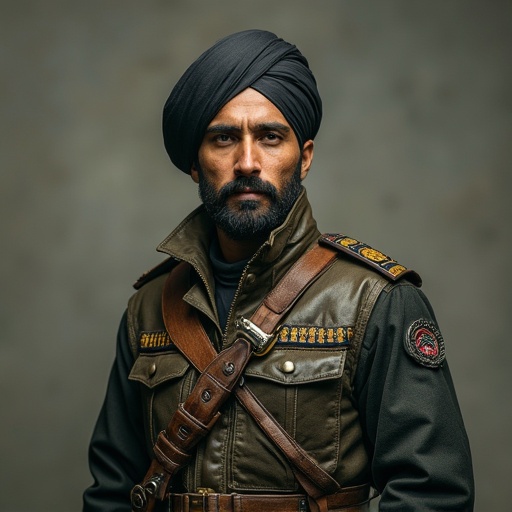 Image of a Pakistani person wearing a military uniform. Focus on the details of the attire and lifestyle. Display cultural significance through clothing style. Capture essence of heritage through the military representation.