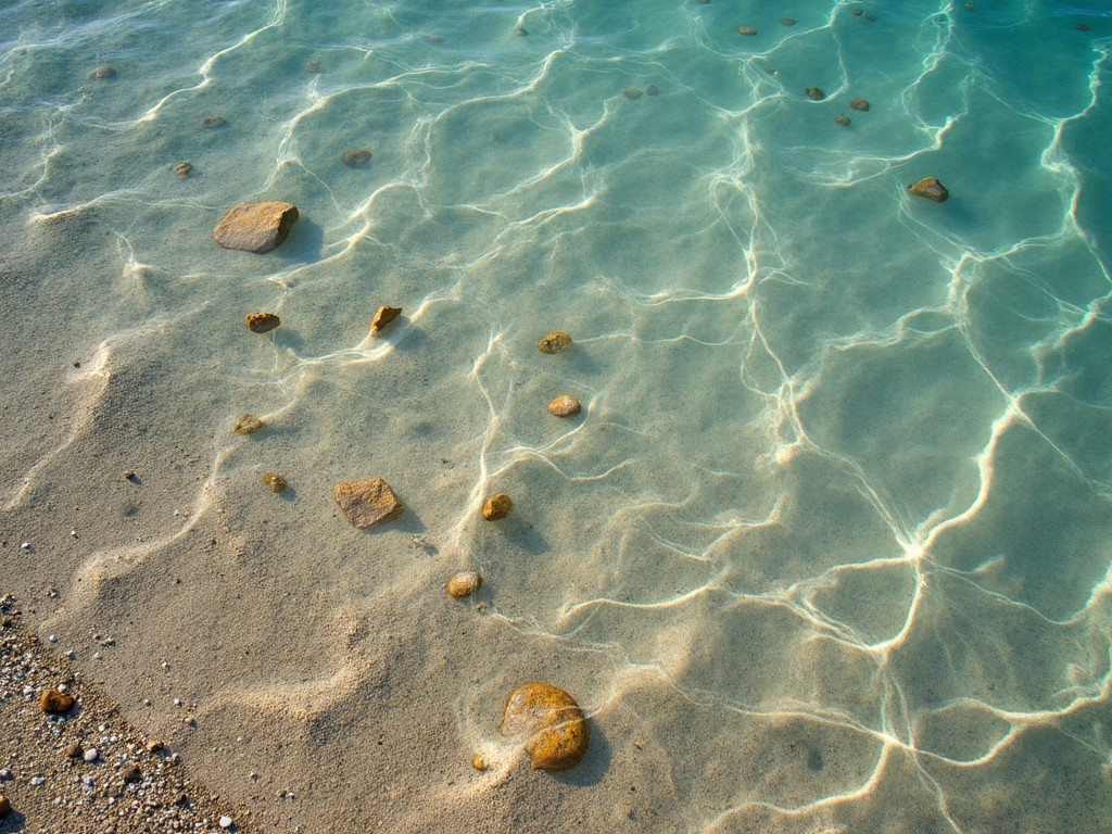 A serene view of clear turquoise water with visible rocks beneath the surface on a sandy beach.