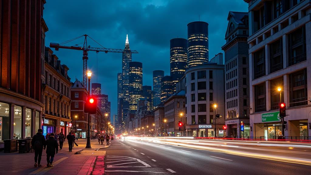 A bustling city street at dusk with blurred car lights, pedestrians, and illuminated skyscrapers under a deep blue sky.