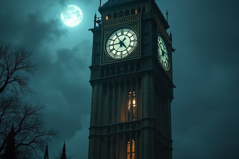 A gothic cathedral clock tower stands tall in the night sky. Ethereal spirits dance around the clock. Moonlight shines through rose windows. The clock's hands approach midnight. Ghostly figures intertwine with brass gears and metalwork. A haunting atmosphere fills the scene.