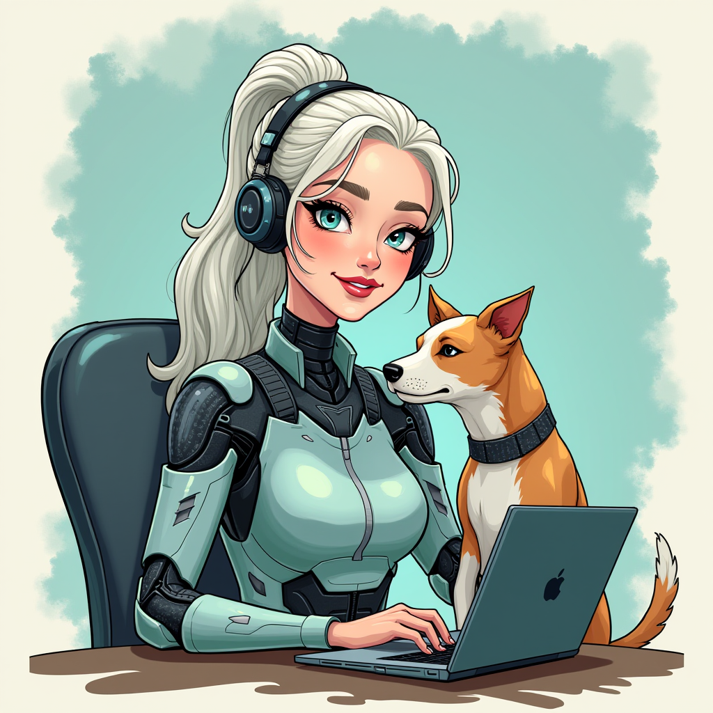 A futuristic woman in armor with headphones, typing on a laptop alongside a corgi.