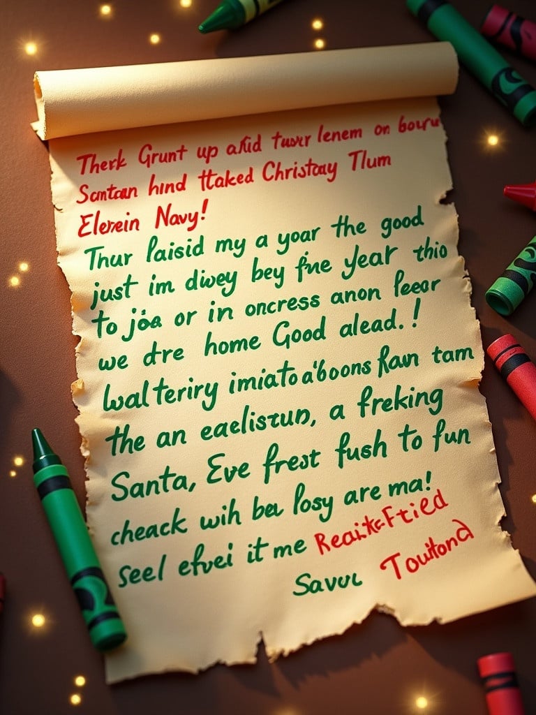 Special letter from Santa in elf handwriting. Letter has colorful crayon designs. The note is directed to Londyn and Navy. It includes a festive invitation for Christmas Eve fun. Magical and whimsical theme with color palette including red and green.