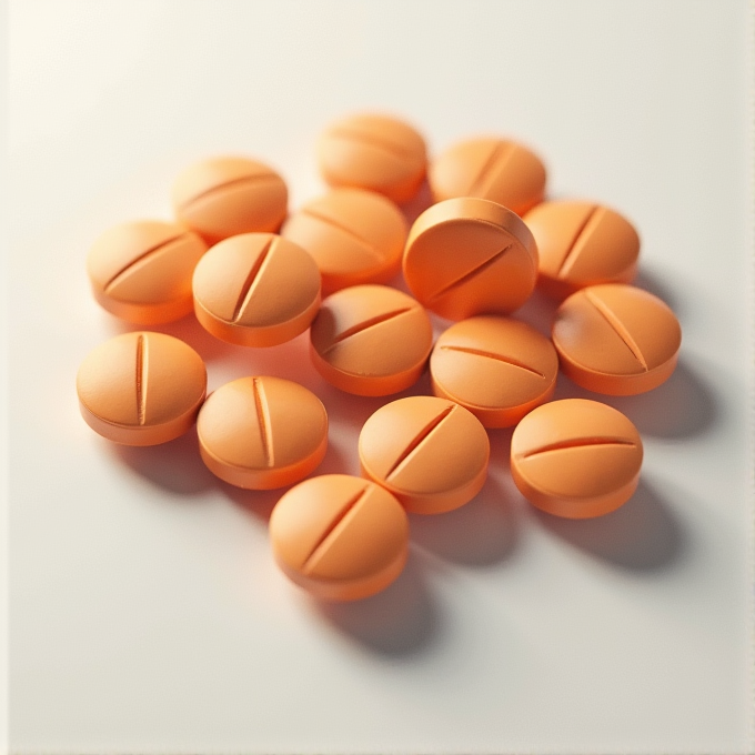 A collection of orange, round tablets with a dividing line on each, scattered on a smooth, white surface.