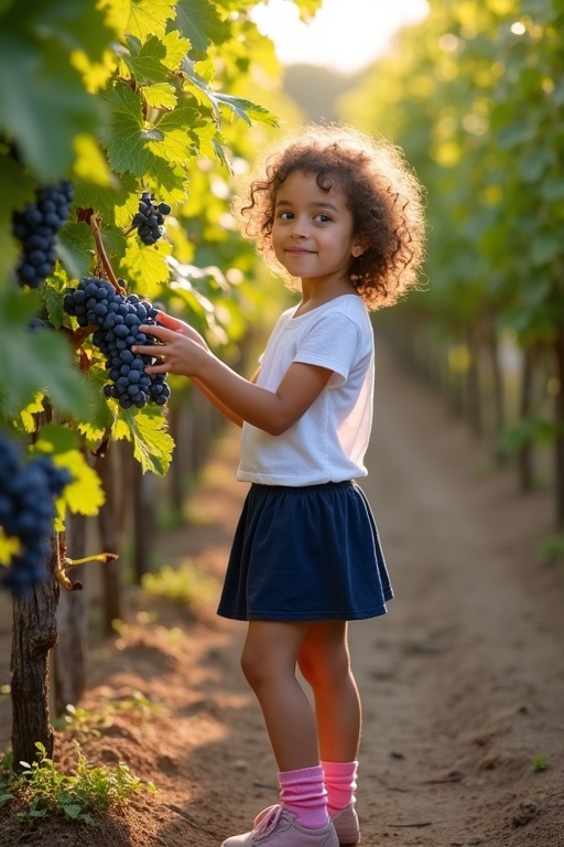 A girl stands beside grapevines checking grapes. The girl is dressed in a white top and dark blue skirt. She has curly brown hair. Late summer sun creates a warm atmosphere. A vineyard backdrop is visible with rows of grapevines producing blue grapes.