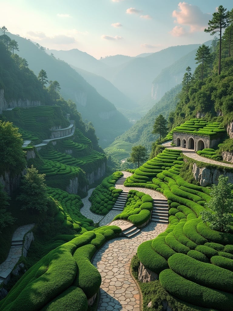 Create a hyper realistic scene inspired by high mountain tea fields of Jingmai Mountain in Pu'er China. Incorporate M.C. Escher's style with impossible geometries and interconnected elements. Showcase textured stone stairs, arches, and realistic pathways defying physical laws. Ensure seamless transition from foreground to background elements.