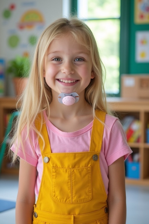 A girl with light blond hair wearing yellow dungarees and a pink t-shirt stands in a classroom. She smiles and wears a pacifier. Colorful elements around her create a playful atmosphere.