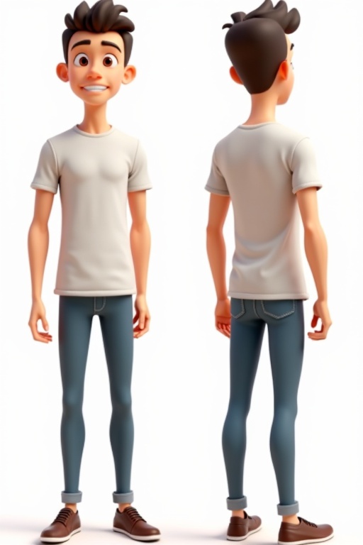 Male cartoon character depicted in T-pose. Character shown from three angles: front, left, and back. Focus on character design details. Simplistic and modern cartoon style.