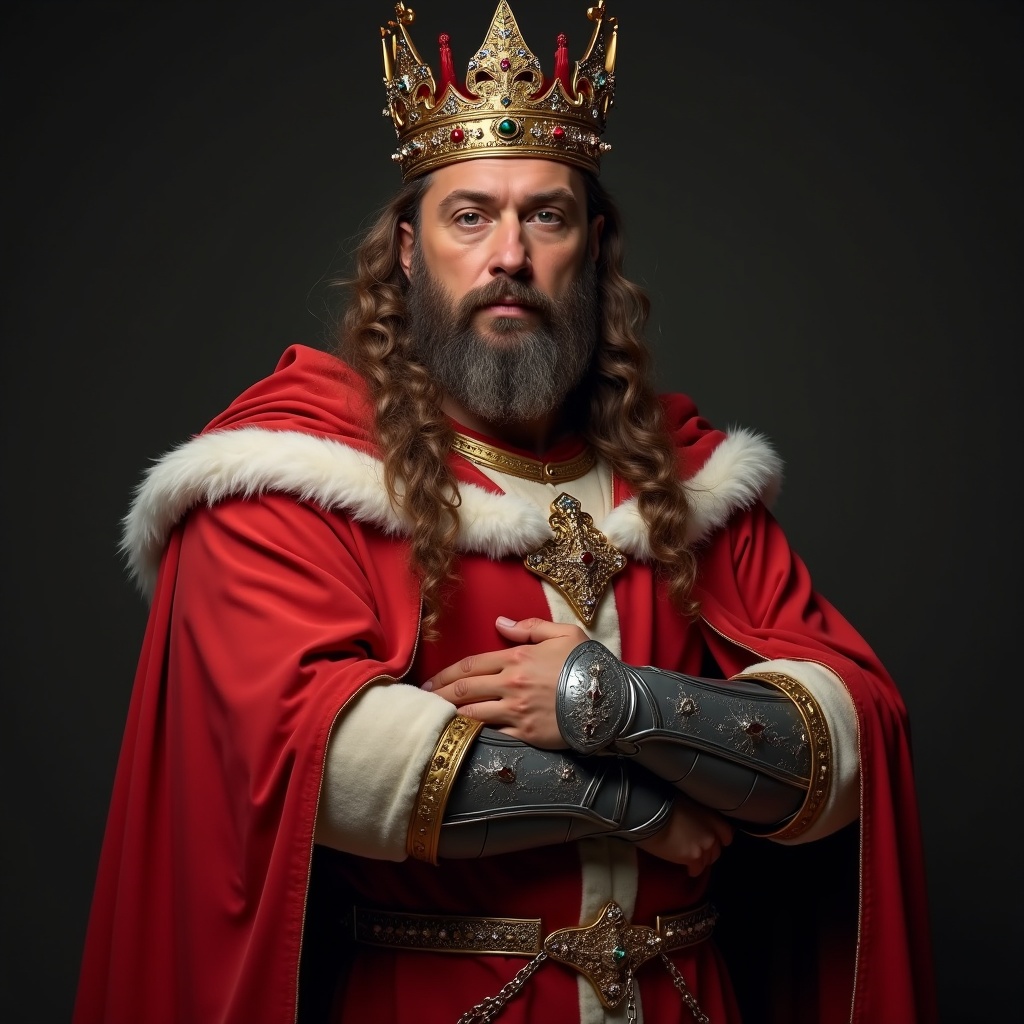 The image showcases a majestic king dressed in a rich red robe adorned with white fur trim. His regal presence is emphasized by a bejeweled crown that shines brilliantly atop his long, flowing hair. He wears ornate armor on his arms, giving him a powerful and noble look. The background is dark, creating a dramatic contrast that highlights his features. Every detail, from the intricate crown to the textures of the robe, adds to the grandeur of the figure, inviting viewers to immerse themselves in a fantasy world.