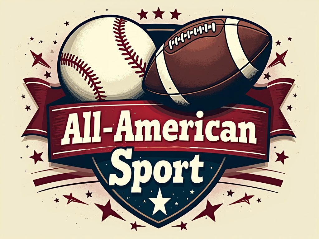 This vintage-style illustration features a baseball and an American football prominently positioned above a shield. The words 'All-American Sport' are displayed boldly within the shield, surrounded by stars and decorative banners. The design evokes a sense of nostalgia and celebration of American sports culture.