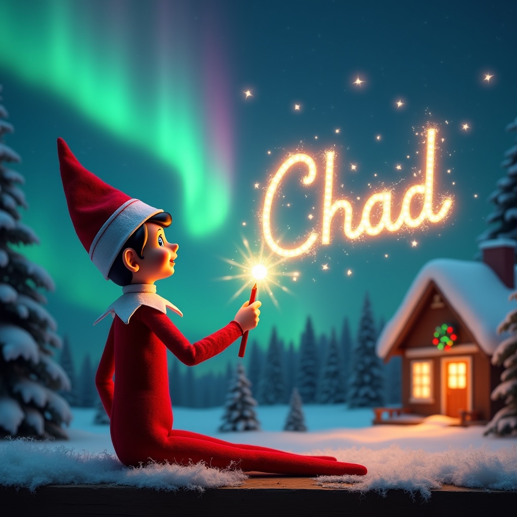 An elf on the shelf sits with its back to the viewer, gazing skyward. It holds a glowing wand that emits sparkling light. The background showcases a charming Christmas scene with colorful northern lights swirling above. In the distance, a cozy house can be seen, decorated for the holidays. Snow covers the ground, adding to the winter atmosphere. The elf is in a playful position, embodying the spirit of magic and wonder associated with Christmas. The name 'Chad' is written in the air using the wand, creating a sense of holiday cheer.