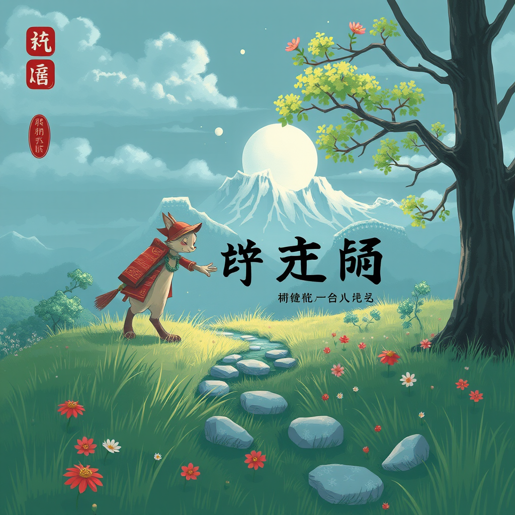 An animated fox character stands on a flowery path with a scenic mountain and moon in the background.