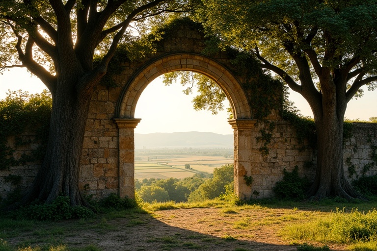 Ancient wall with large box trees. Vines and moss cover the stones. Romanesque double-arched window visible. Wide plain behind the window. Late summer evening light illuminating scene.