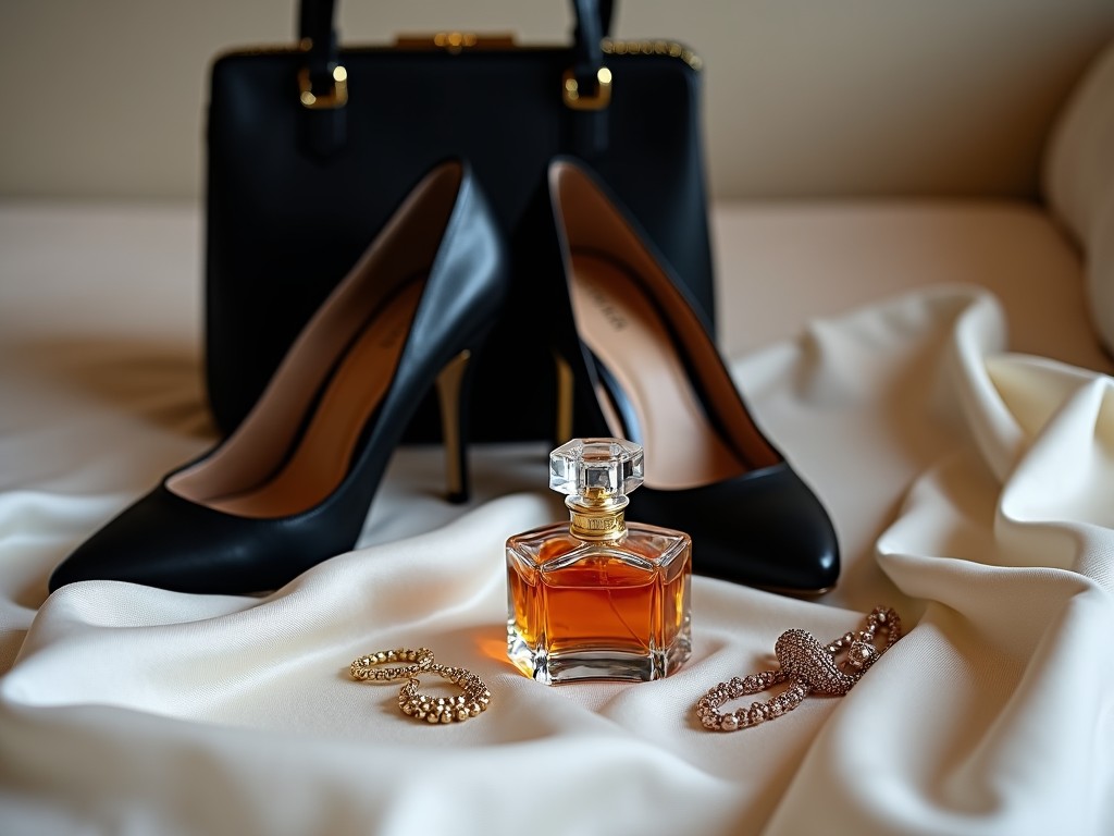 The image features a pair of stylish black high heels and a chic handbag resting on a luxuriously draped white fabric on a bed. A beautifully crafted perfume bottle is prominently displayed at the center, exuding elegance. Surrounding the perfume are delicate pieces of jewelry, adding to the luxurious feel of the scene. The soft, natural lighting enhances the textures of the materials, creating a warm ambiance. This composition perfectly captures a sophisticated lifestyle, ideal for fashion and beauty enthusiasts.