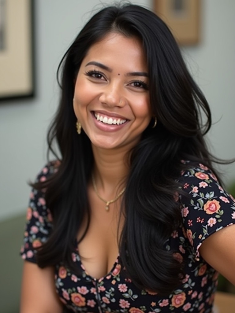 A woman with long black hair wears a floral top. She smiles at the camera. The setting is inviting and warm.