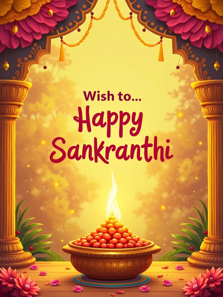 A festive Sankranthi wishes image featuring a decorated bowl of sweets with a flame. A warm and vibrant backdrop signifies a joyful celebration. Text on the image says 'Happy Sankranthi'.