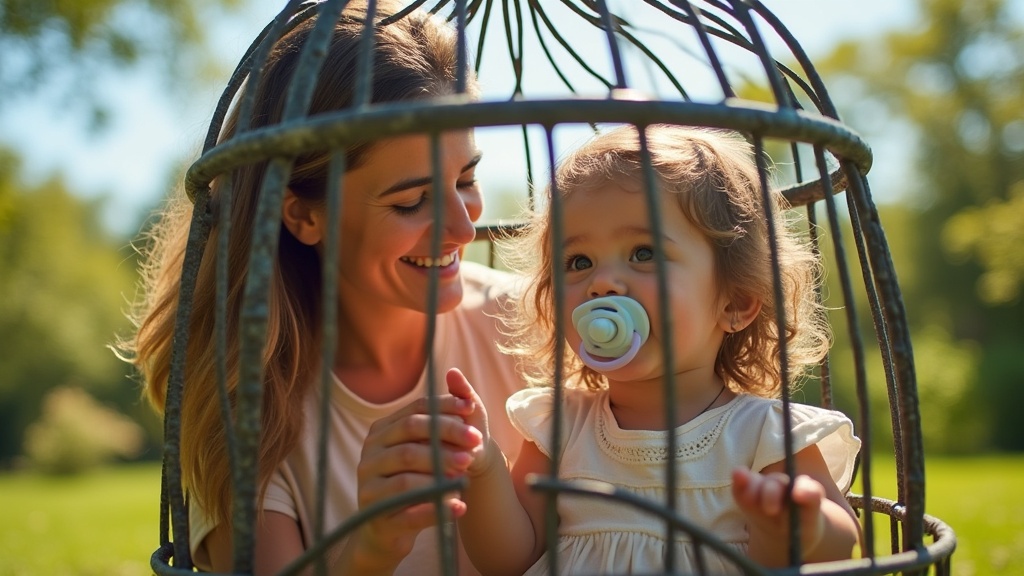 Mother and daughter interact playfully inside a large metal cage. They express joy and fun on a sunny day outdoors. Daughter has a large pacifier. Mother smiles warmly at her child.