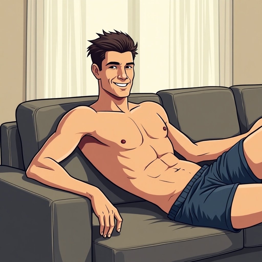 Illustration features a man lying shirtless on a sofa with a relaxed expression. He is wearing shorts and has a well-defined physique. The setting appears casual and inviting, focused on a home environment.