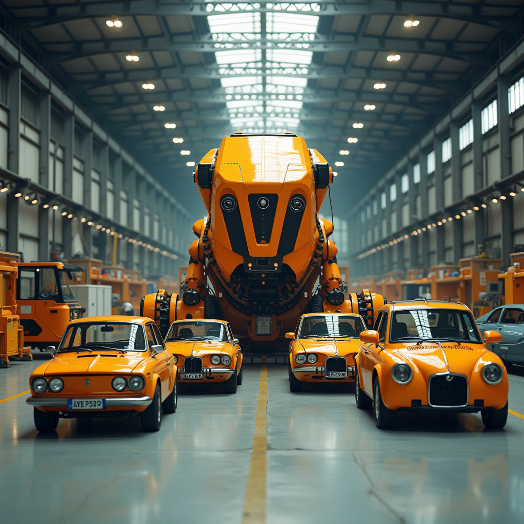 A massive orange robot in a factory setting is flanked by vintage orange cars, showcasing a blend of retro and futuristic design.