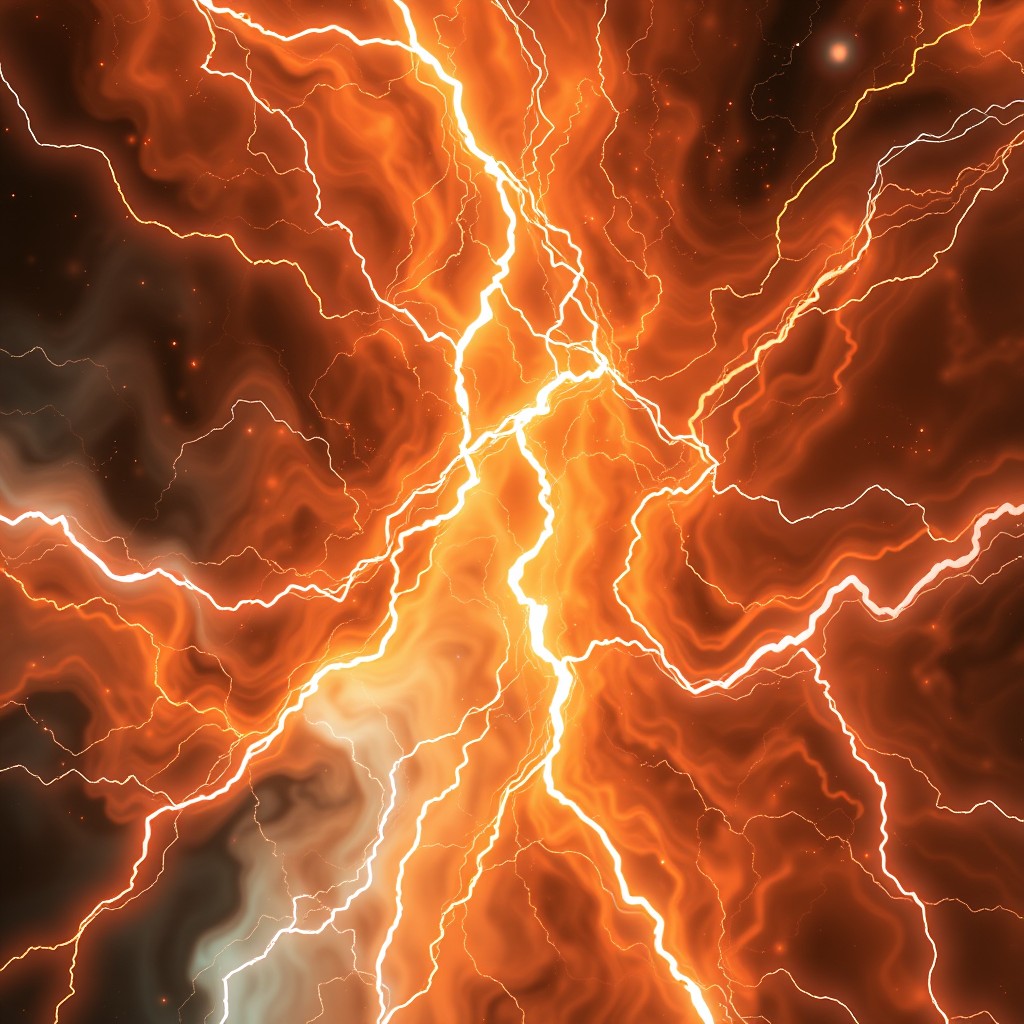 A vivid display of orange and white lightning bolts against a swirling dark background.