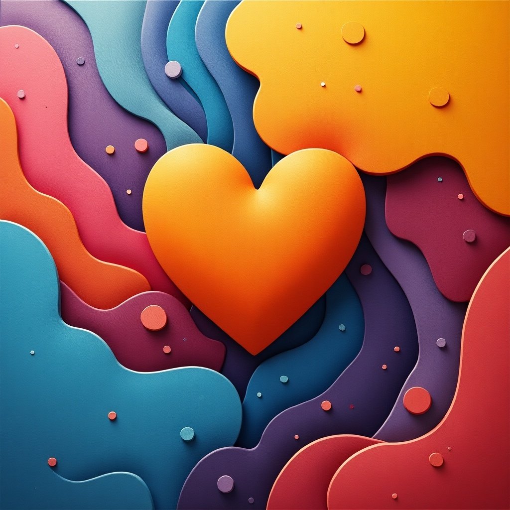 Colorful abstract representation of love and connection. Heart shape prominently displayed in vibrant colors. Fluid shapes and layers creating a dynamic visual experience.