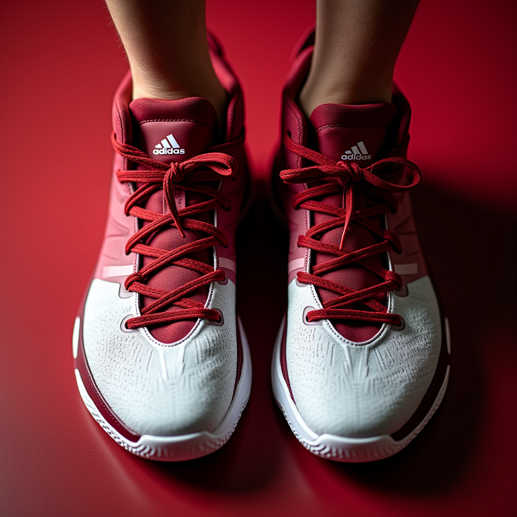 The image features a pair of red and white Adidas basketball shoes on a red background.