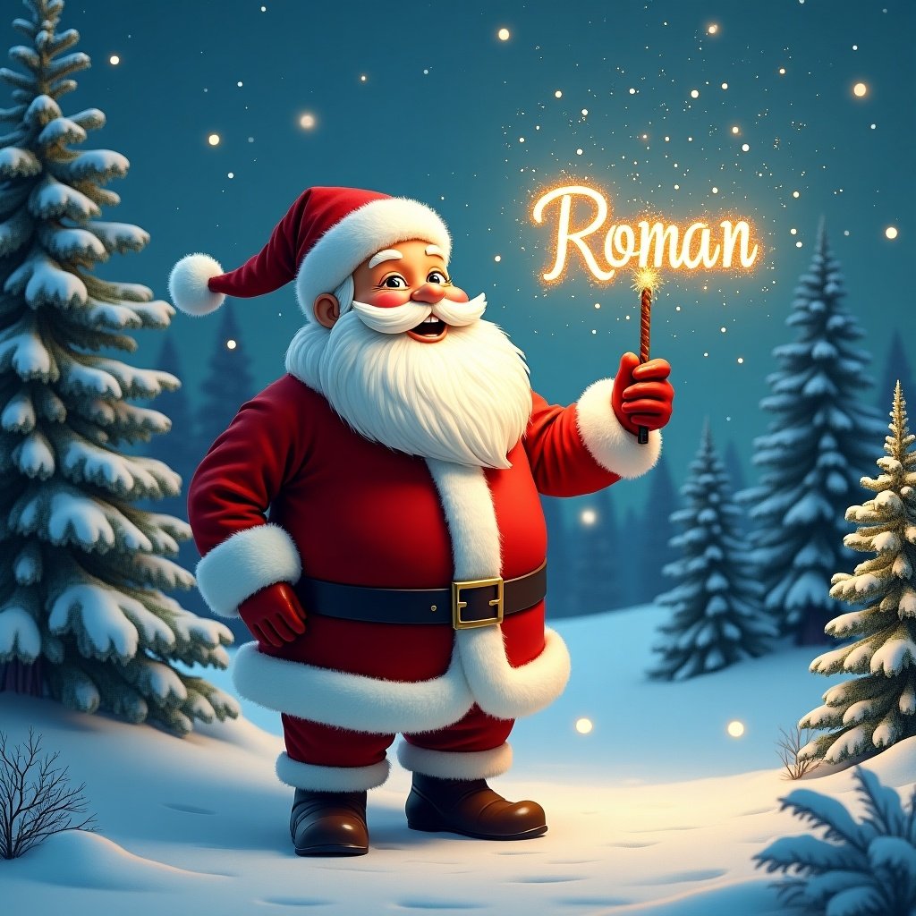 Jolly Santa Claus in snowy landscape. Holding magical wand shining with sparkles. Writing names in the sky. Classic red suit with white fur trim. Eyes twinkle with joy. Snowy scene with evergreen trees and starry night sky. Festive magical atmosphere.