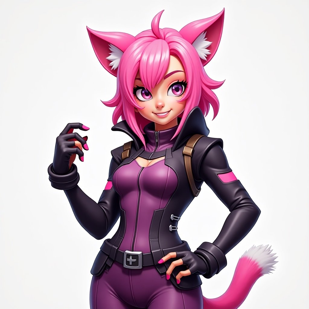 Vibrant animated character. Inspired by gaming aesthetics. Playful pink hair and cat ears. Futuristic outfit. Exudes confidence and charm. Reflects elements beloved by gaming enthusiasts.