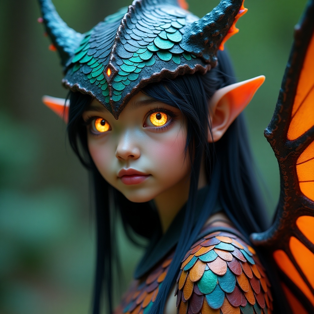 A young woman stands gracefully, adorned with vibrant scales that shimmer in shades of green and orange. Her large, glowing eyes captivate and seem to hold ancient secrets. Thin, delicate wings rest folded against her back, intricately detailed like those of a butterfly. The background features a blurred forest environment, enhancing her otherworldly presence. This fantasy character embodies beauty and mystery, combining elements of nature with magical realism.