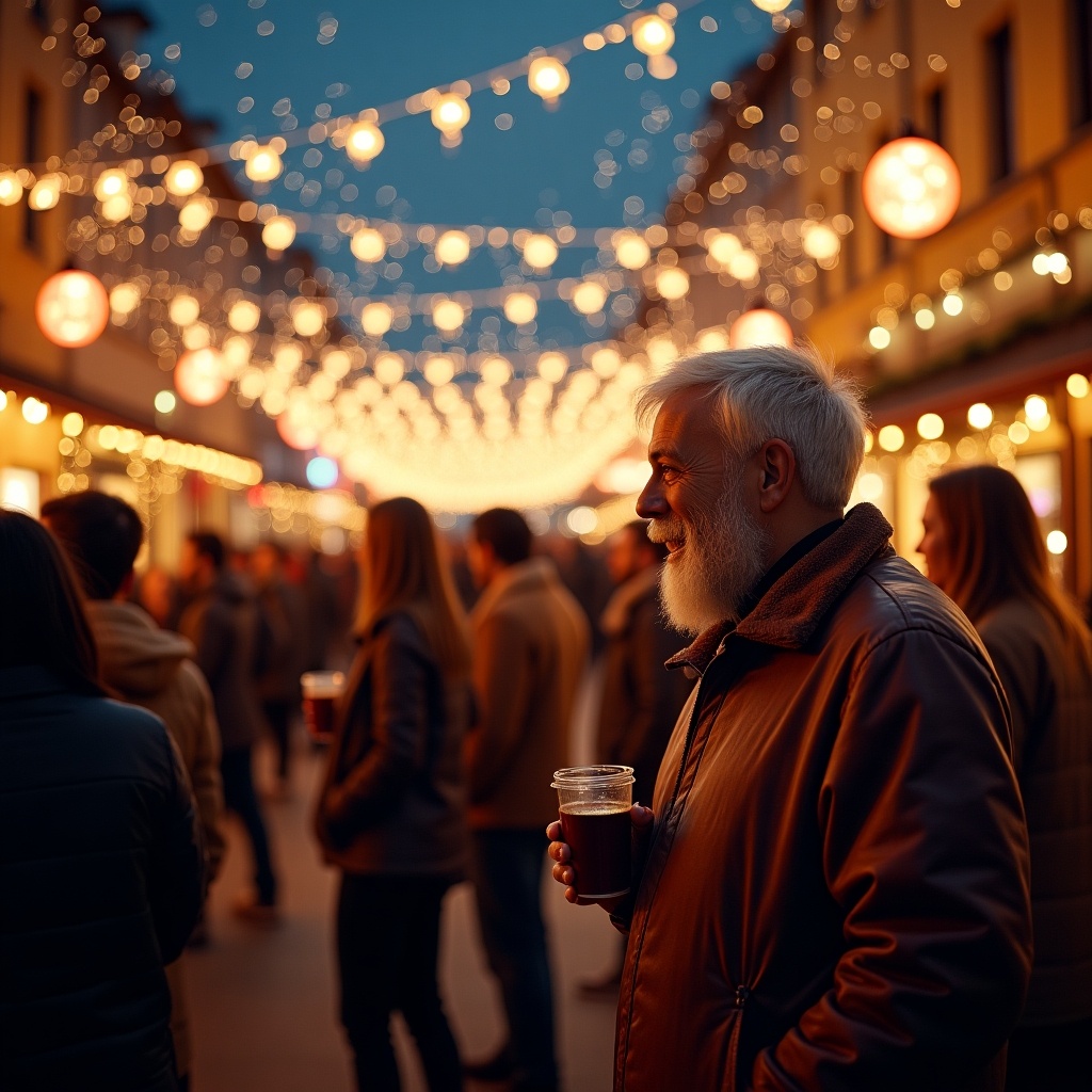 This image depicts a lively Christmas celebration in a cozy atmosphere, filled with vibrant lights and cheerful people. The scene captures a street adorned with shimmering string lights and glowing lanterns, creating a magical ambiance. In the foreground, a man with a white beard holds a drink, enjoying the festivities. Around him, people engage in joyful conversations and laughter, embodying the spirit of the season. The overall warmth of the lighting enhances the inviting feel of the celebration, making it a delightful winter scene.