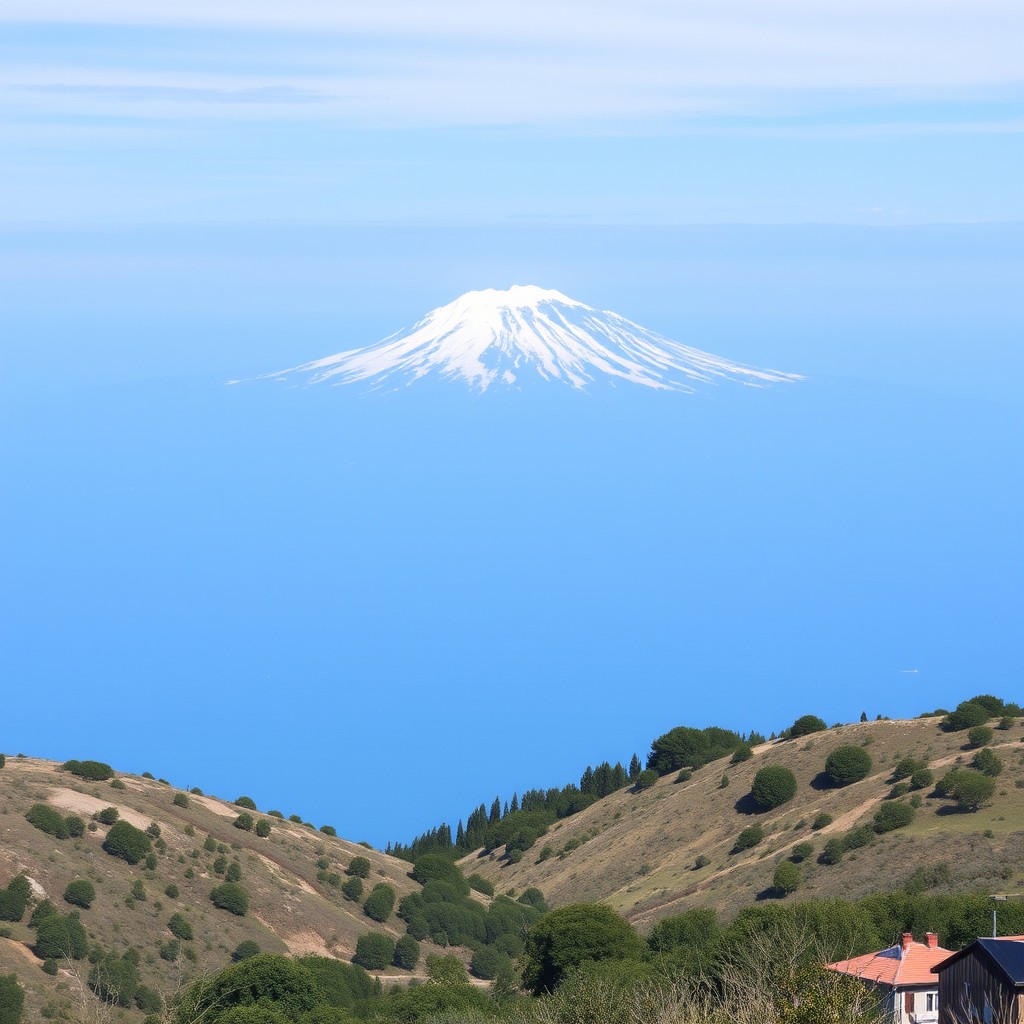 A snow-capped mountain appears to float in a clear blue sky above grassy hills.