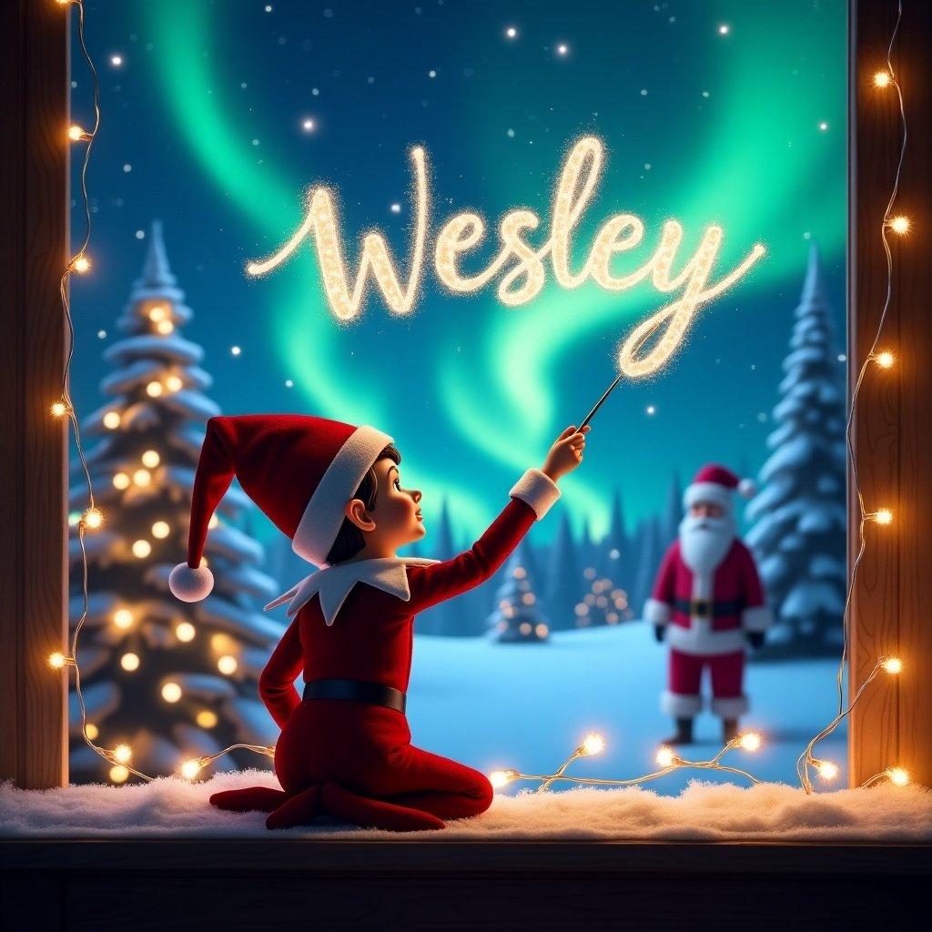 A boy elf on the shelf with his back to the viewer. He faces a vibrant night sky with northern lights. Using a wand to write 'Wesley' in sparkling letters. The background includes snow-covered trees and Santa Claus. The scene is magical and filled with holiday wonder.