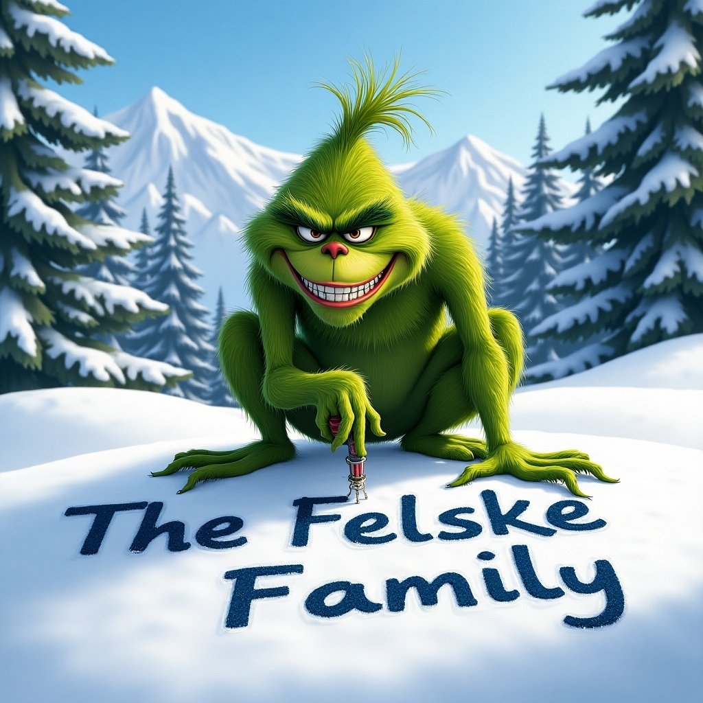 Grinch character writing Felske Family in the snow with a mischievous smile. Background features snow-covered mountains and evergreen trees.