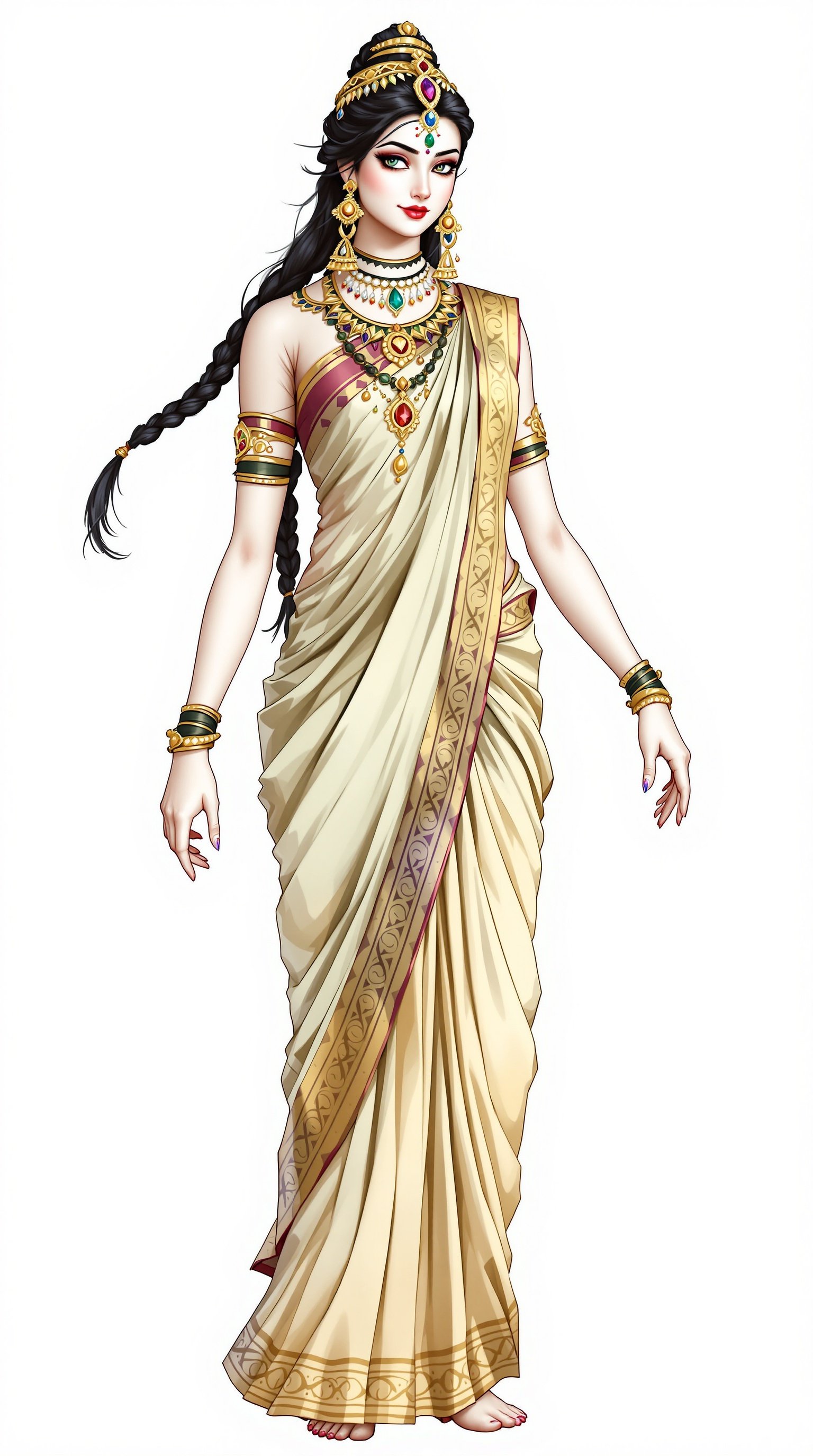 The image depicts a character named Brihannala, inspired by Arjuna from Hindu mythology. She is wearing a traditional saree, elegantly draped to showcase her grace. Her jewelry is intricate, with gold accents that enhance her appearance. The hair is styled long and braided, maintaining a feminine look that complements her attire. Overall, the character exudes elegance and poise, embodying a rich cultural heritage through her clothing and demeanor.