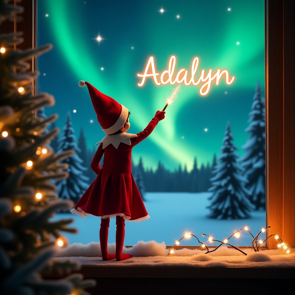 An enchanting Christmas scene featuring an elf on the shelf. The elf has a red and white skirt and faces the sky. The elf wields a magic wand, writing 'Adalyn' in glowing script above. The background has vibrant northern lights. The setting is festive with a magical ambiance. The elf's position creates wonder and excitement.