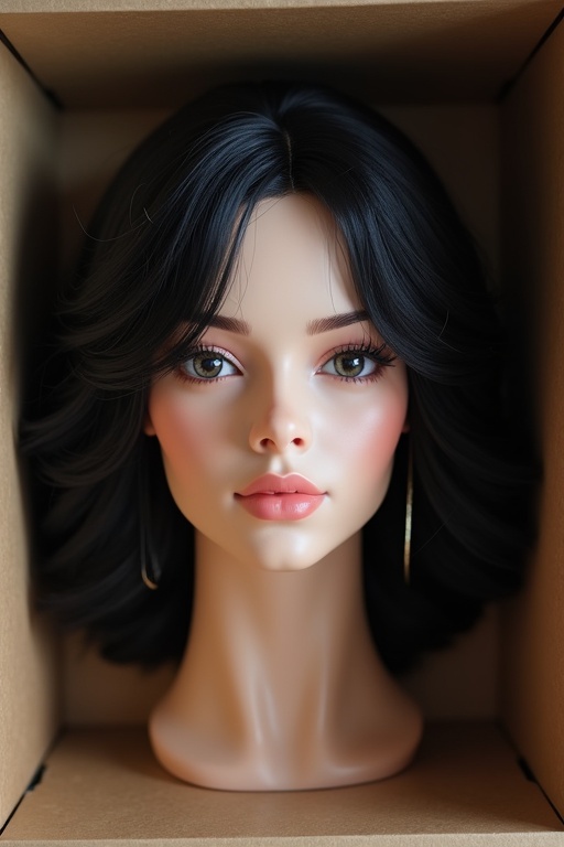 Realistic female head placed in a box with black hair. Head features smooth black hair arranged elegantly. The head is centered in a box with neutral colors. The focus is on the hair and box composition without additional backgrounds.