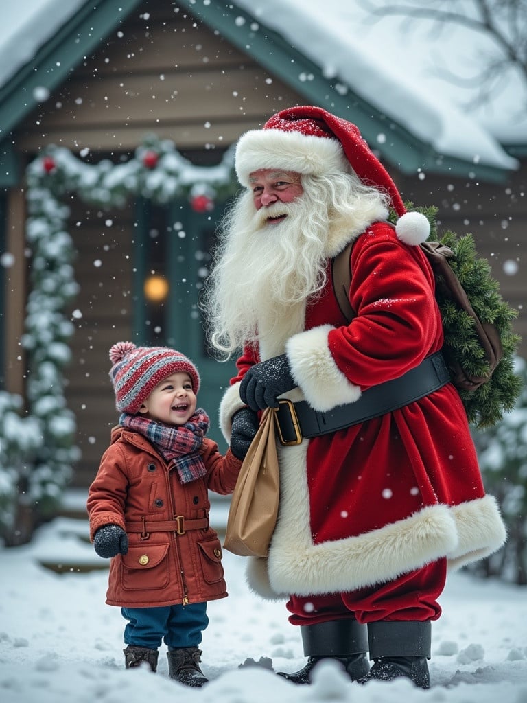 Santa Claus with white beard stands next to joyful child. Child holds small bag. Snowflakes falling. Cozy house with Christmas decorations in background.