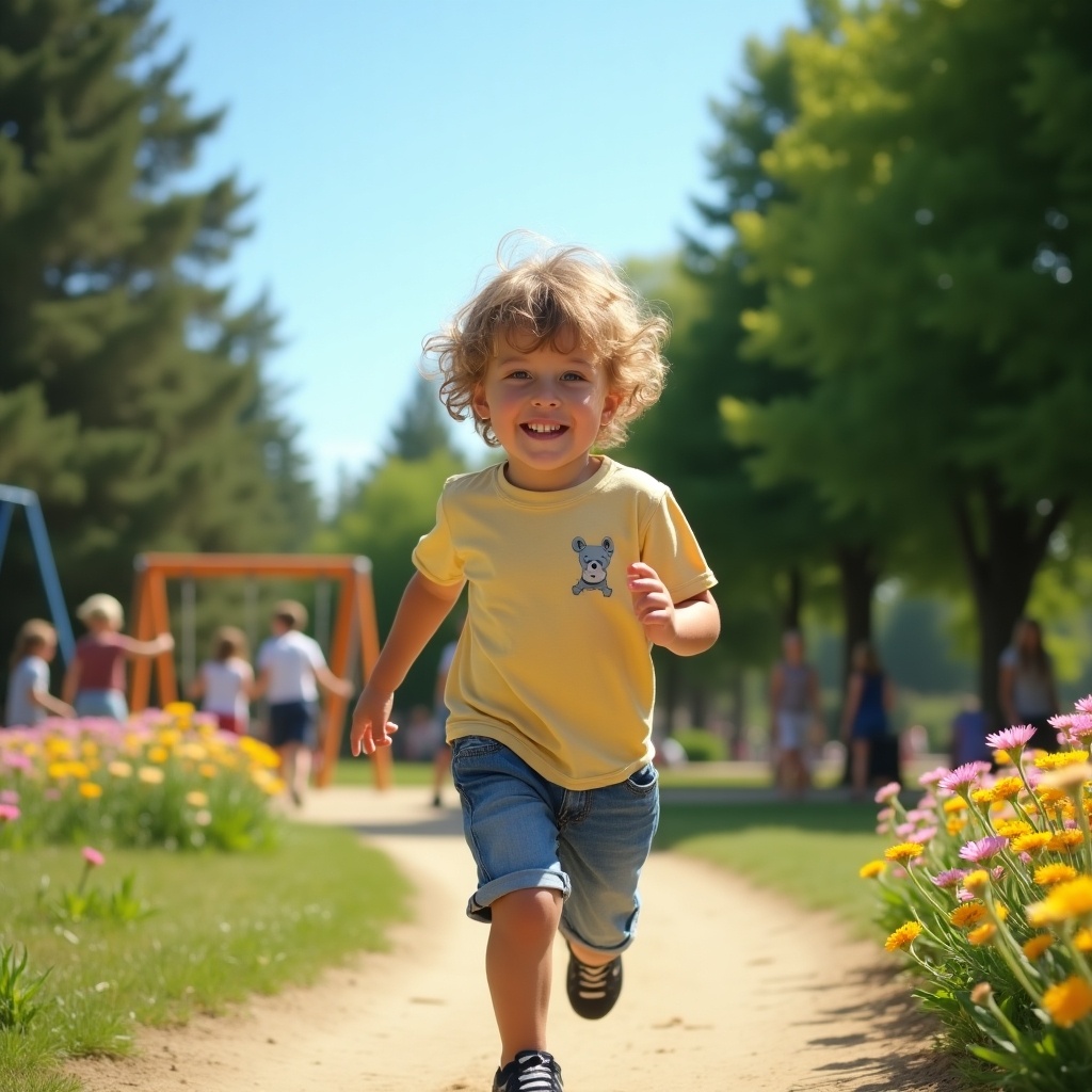 The image shows a joyful young boy running along a sandy path in a park filled with flowers. He is wearing a bright yellow t-shirt and denim shorts, and his curly hair is bouncing with each step. In the background, children are playing on swings, enjoying a sunny day. The vibrant colors of the flowers and the greenery of the trees highlight the cheerful atmosphere. This scene captures the essence of outdoor fun and carefree childhood moments.