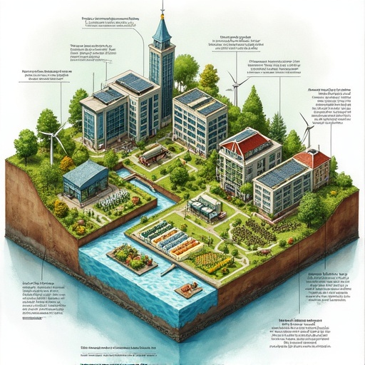 Detailed isometric illustration of a sustainable city integrated with nature featuring vertical farms solar panels wind turbines circular food system with livestock greenhouses natural water filtration systems agroforestry diverse housing styles watercolors with Dutch text labels describing elements.