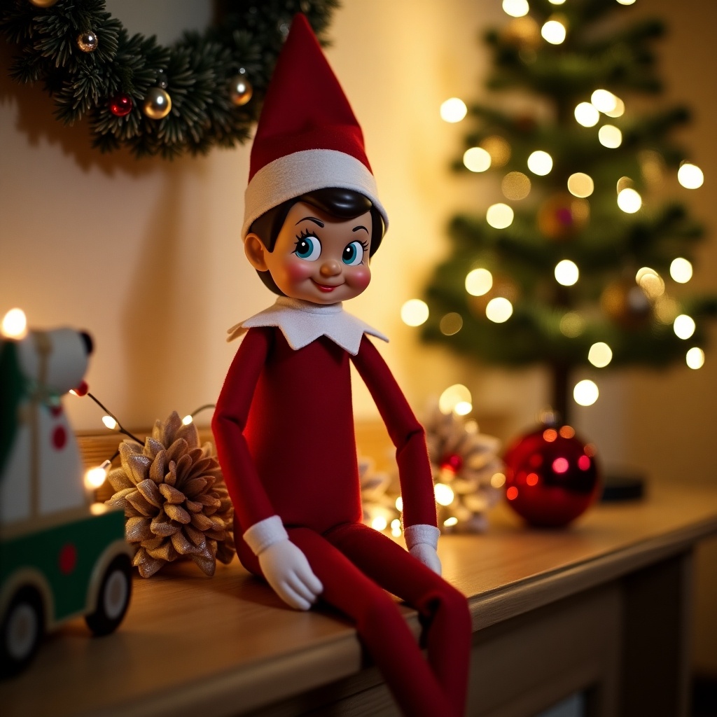 The image features an Elf on the Shelf doll sitting on a decorated table. The elf wears a red outfit with a white collar and a cute pointed hat. In the background, there are Christmas decorations, including a tree adorned with lights and ornaments. Pine cones are arranged nearby, adding to the festive feel. The warm lighting creates a cozy and inviting atmosphere, perfect for the holiday season.