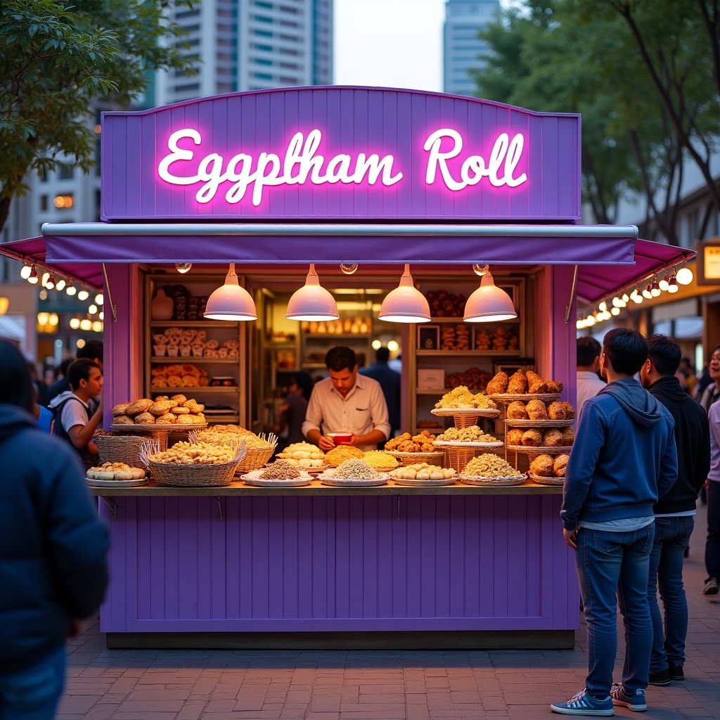 The image depicts a vibrant food stall named 'Eggplaham Roll' set in an outdoor market environment. The stall is painted in purple, drawing attention with its bright neon signage. There’s an array of delicious food items displayed, enticing passersby. A vendor is seen serving customers, creating a lively atmosphere. The warm lighting enhances the inviting feel of the stall, making it a perfect spot for food lovers.