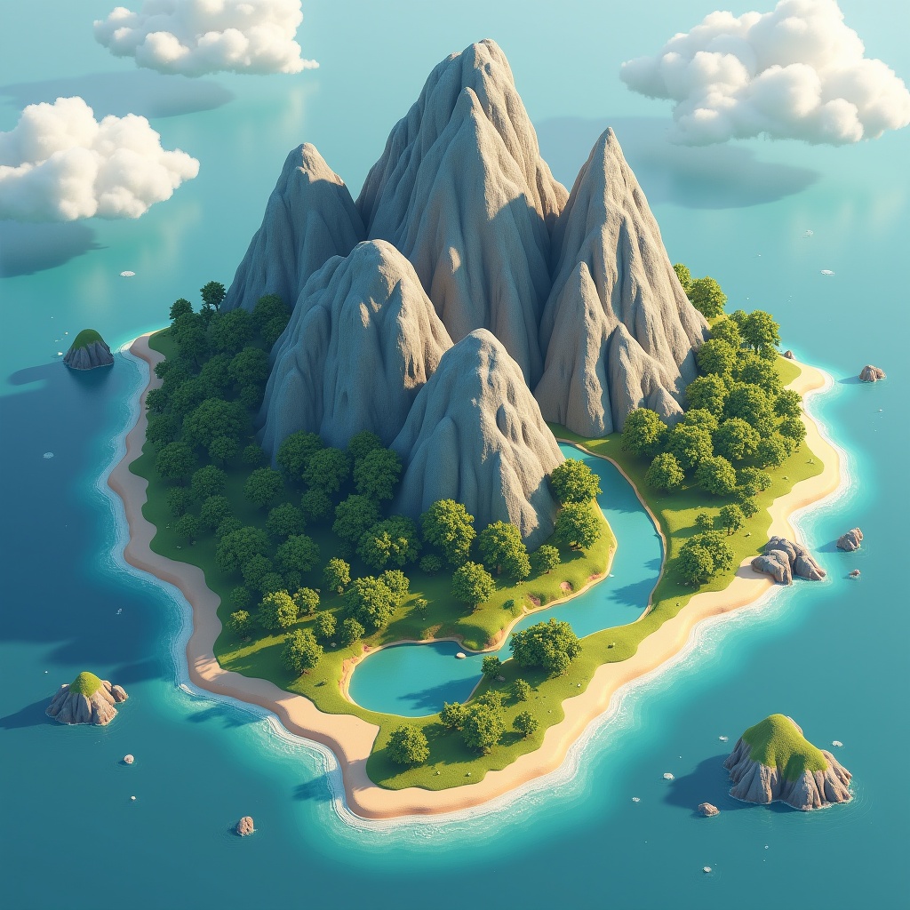 Fictitious 2D map featuring an island with mountains, trees, and lakes.