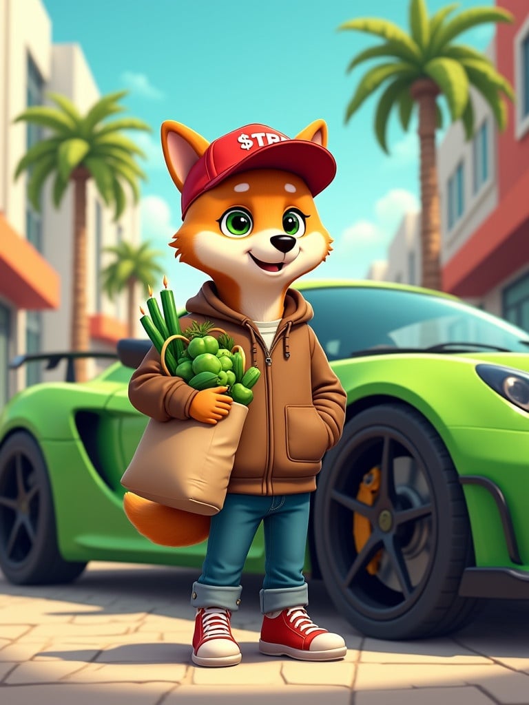 An animated Shiba dog in brown jacket and jeans with red baseball cap. Shiba holds a grocery bag of green vegetables. It stands beside a shiny green sports car in a modern urban scene with palm trees.