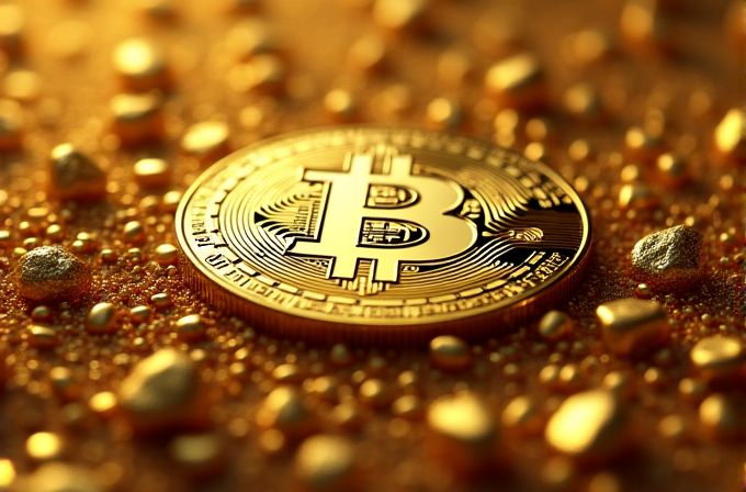 A shining Bitcoin surrounded by glimmering golden nuggets, symbolizing wealth and digital currency.